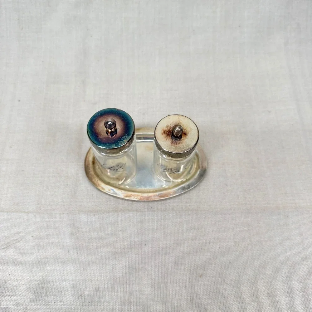 Vintage German Salz Pfeffer Salt Pepper Set Silver Plate Tray Cottage Kitchen